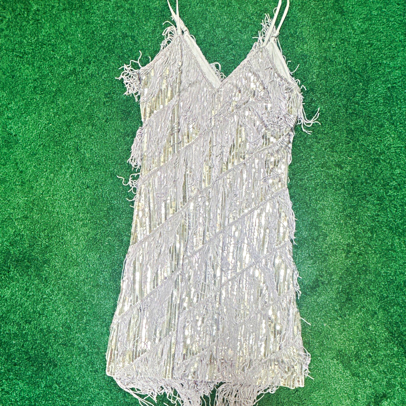 Silver Sequin Fringe V-Neck Strappy Sleeveless Mini Slip Dress Adjustable M