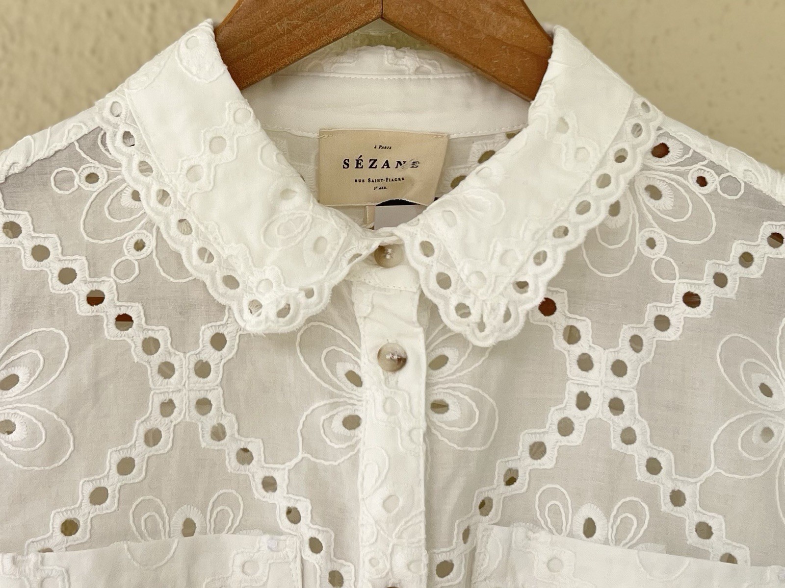 Sezane Adele Short Sleeve Embroidered Midi Dress Eyelet Collar Ecru FR 36 US 4