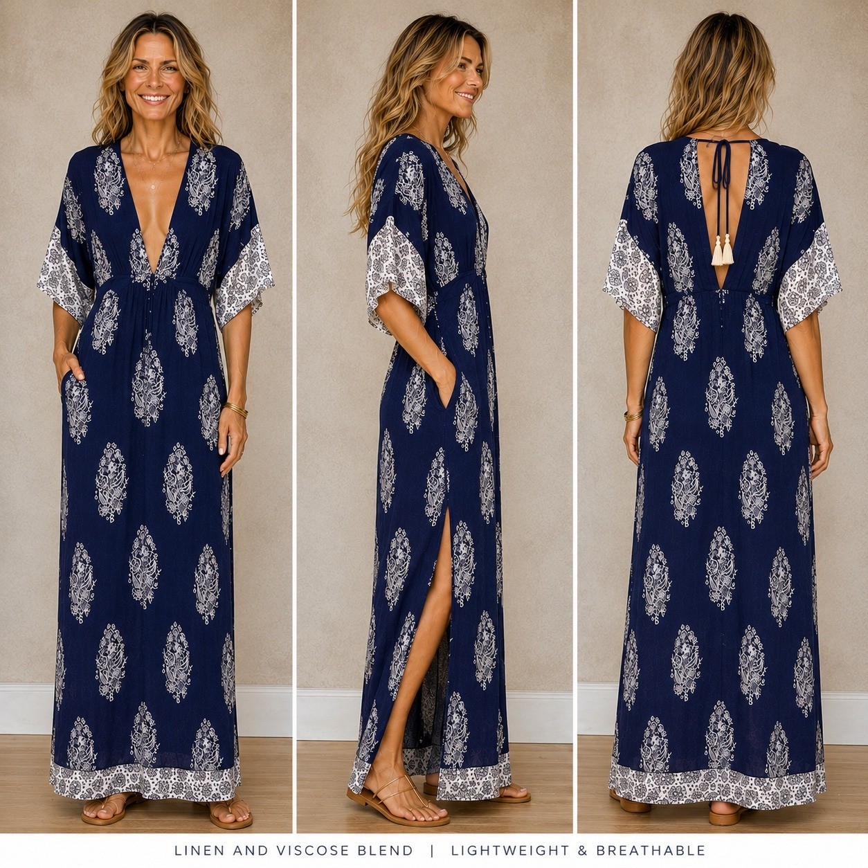 Faithfull The Brand Navy Paisley Maxi Dress Boho V-Neck Tassel Size 6 USA
