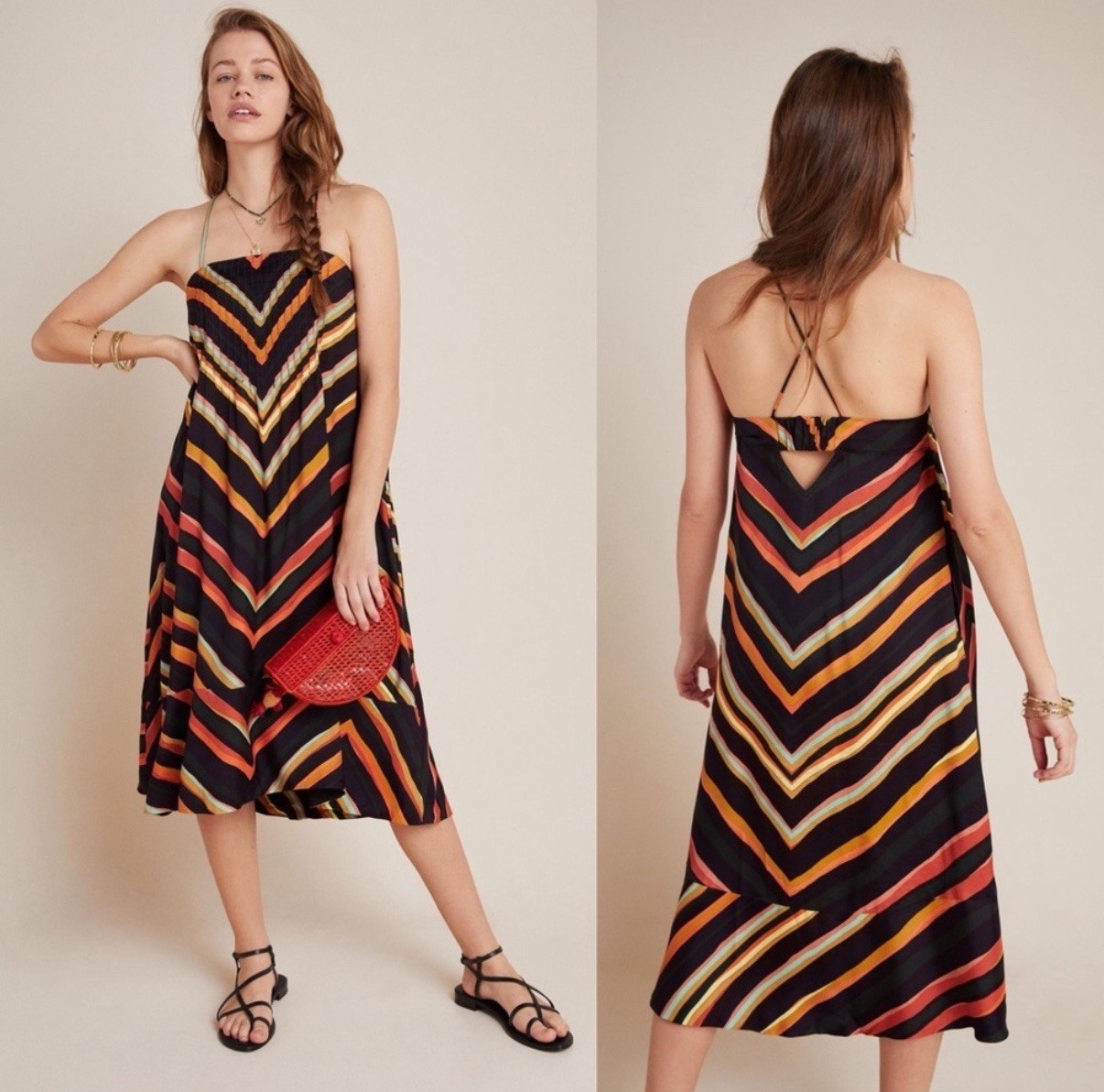 By Anthropologie Runi Chevron Slip Midi Dress S Festival Resort Vacation Beachy