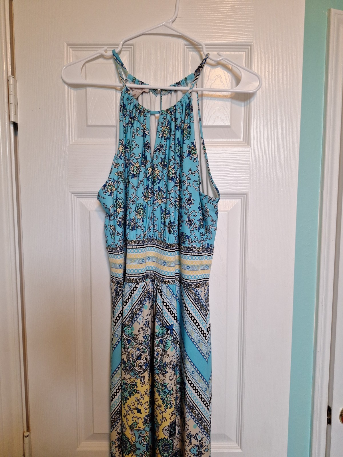 DB (Dress Barn)Turquoise and Black Geometric Pattern Size 16 Maxi Dress S/Less
