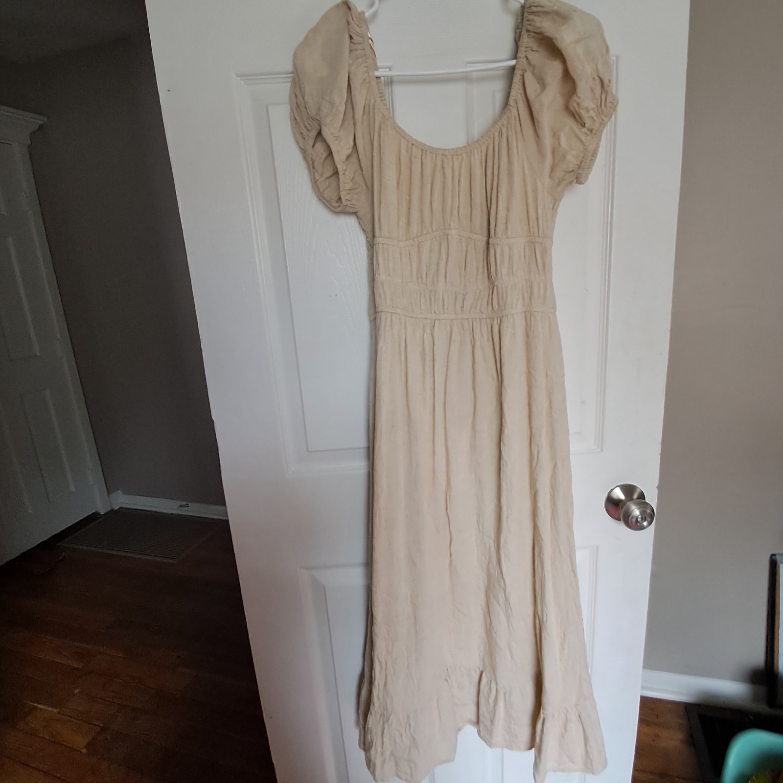 Sim & Sam Milkmaid Babydoll Linen Smocked Puff Sleeve Coquette Midi Dress Medium