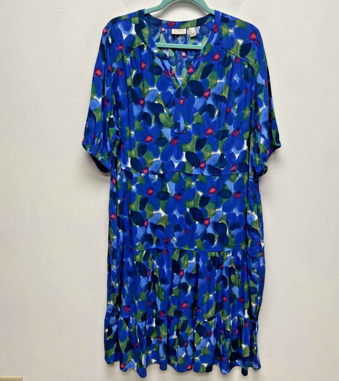 LOGO by Lori Goldstein Tiered Dress Womens Blue Abstract Floral Rayon V-Neck L