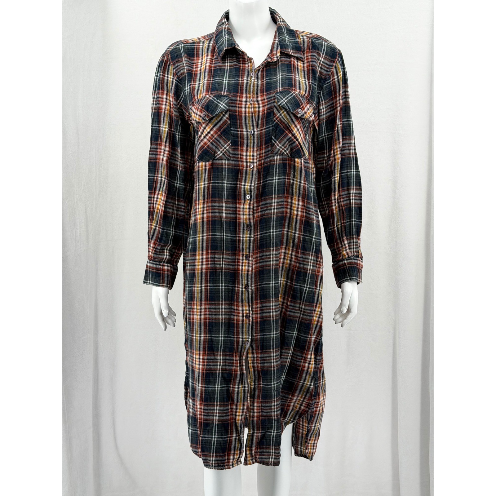 Natural Life Dress Women Medium Orange Plaid Button Up Midi Sheer Autumn Country