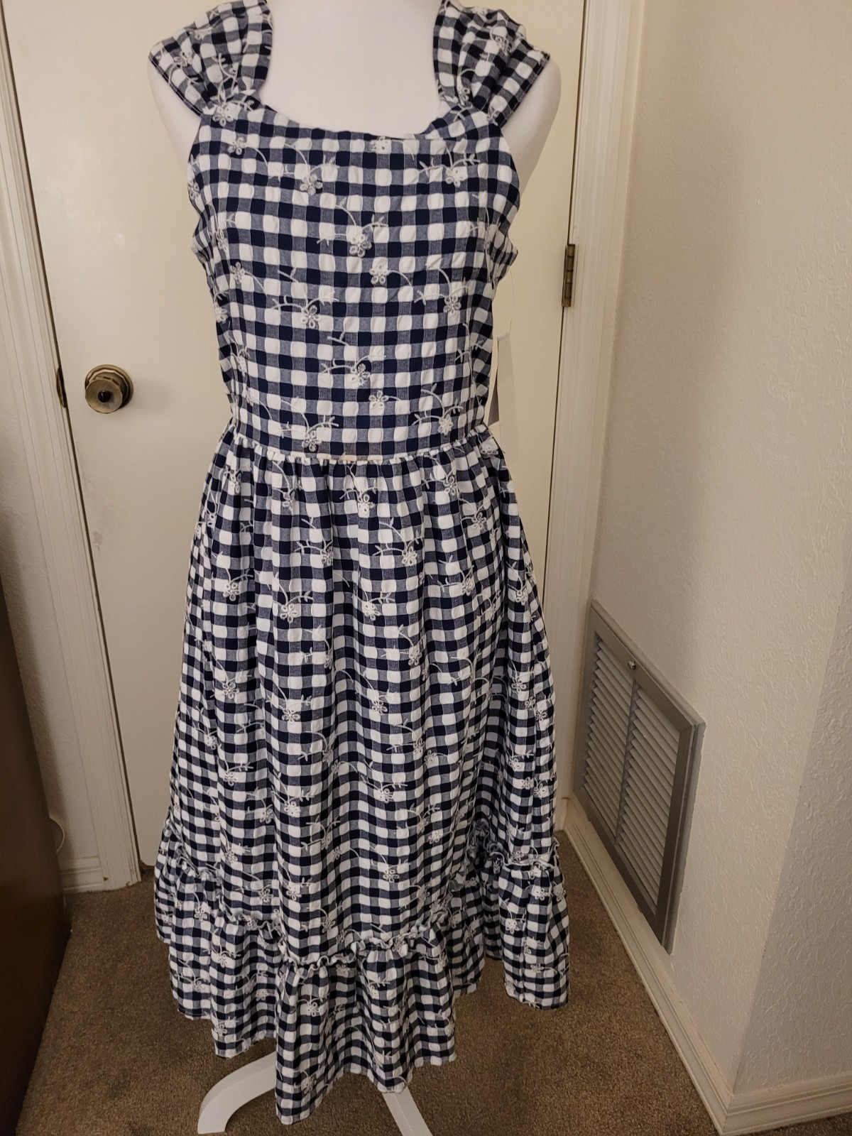 Blueberi Boulevard Navy Gingham Embroidered Midi Dress Bow Back Cottagecore Med