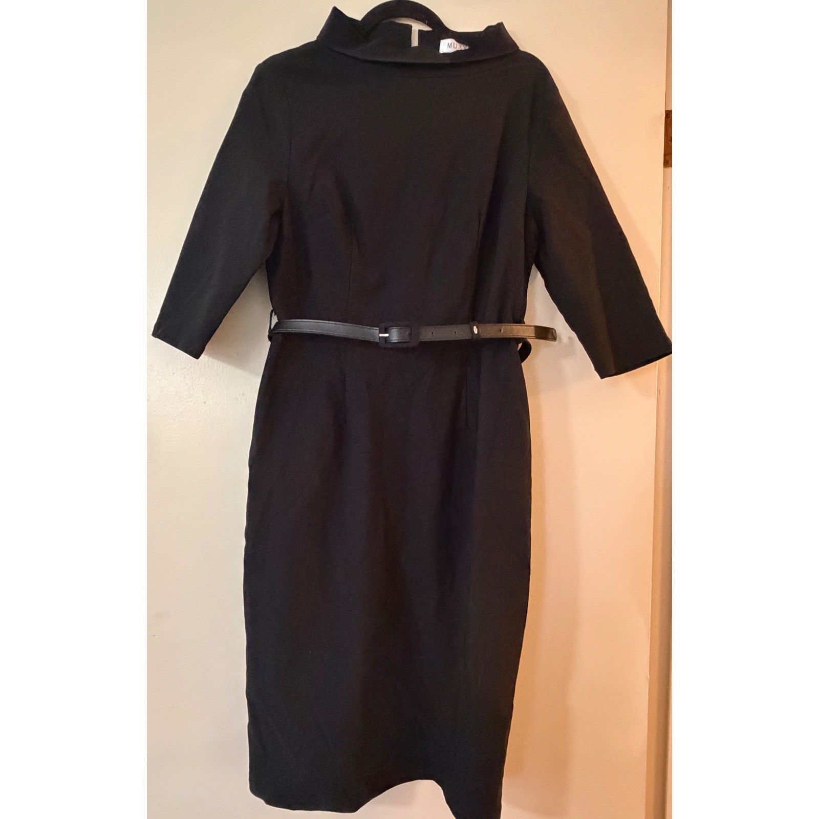 MUXXN Boutique Black Vintage Style Pencil Dress Belted 3/4 Sleeve XL