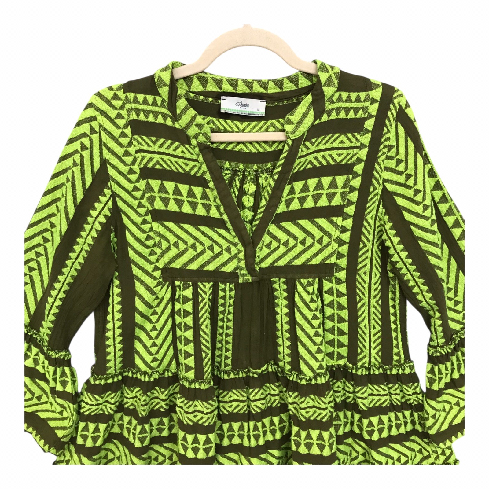 Devotion Twins Embroidered Ella Tunic Dress Neon Green Brown Boho Women’s Sz XS