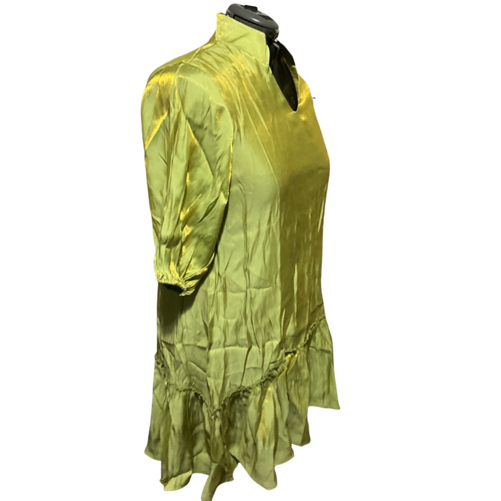 Lime Green Metallic Sheen V-Neck Ruffle Mini Dress NWT Oversized AOMEI Sz M