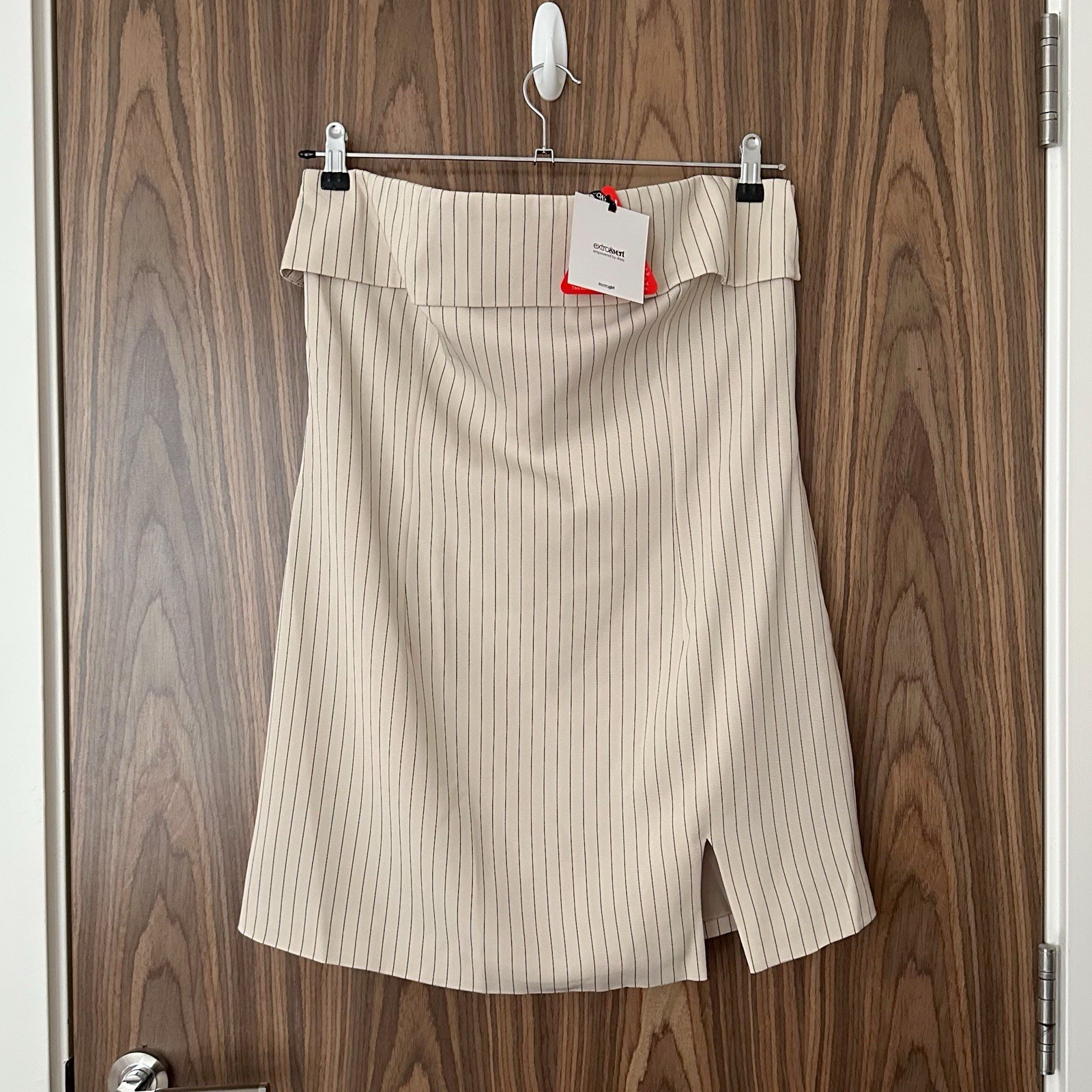Extro & Vert Beige Pinstripe Tailored Fold Over Bandeau Split Mini Dress 16 NEW