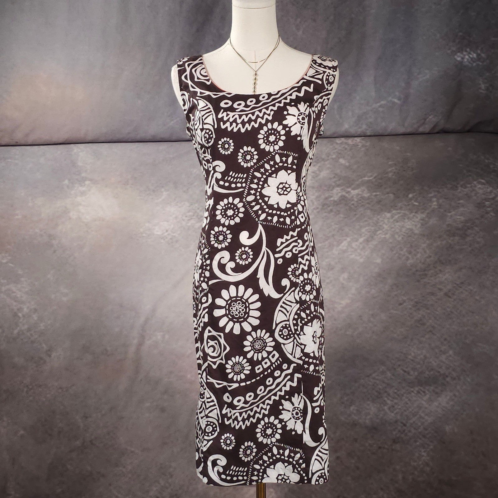Signature by Robbie Bee Mod Retro Floral Paisley Sheath Dress Medallion Brown 8