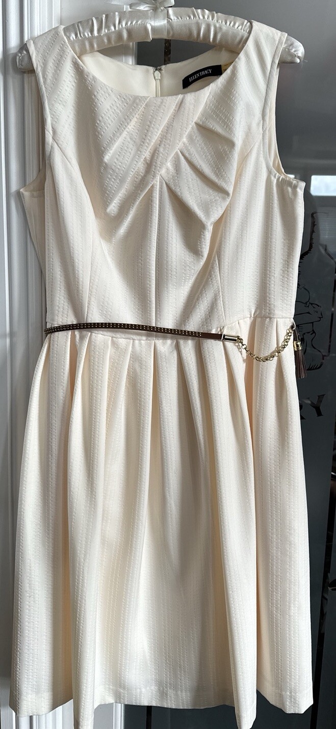 Linda Allard Ellen Tracy Dress SZ 14 Creamy Yellow Color Sheath Sleeveless Belt
