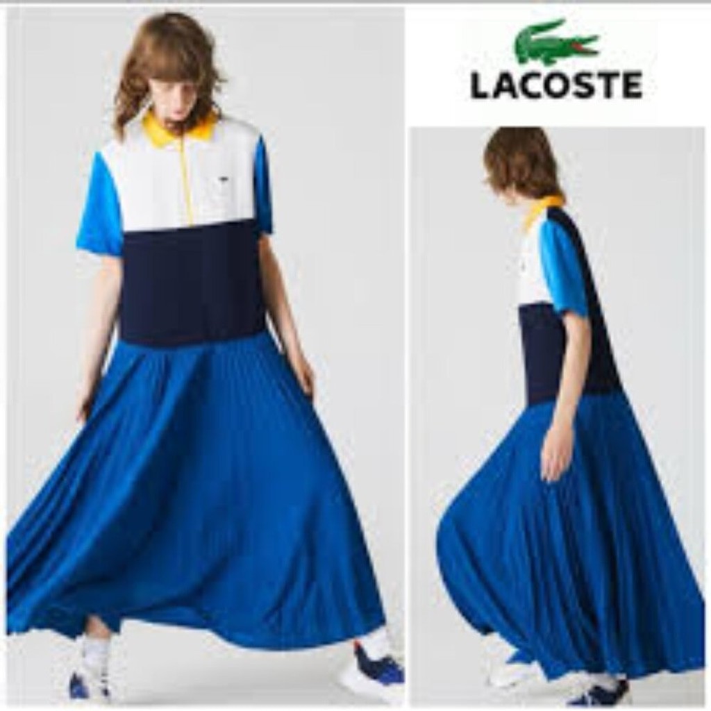 Lacoste Women’s Blue, White, Black Yellow Color Block Pleated Maxi Dress Sz FR42