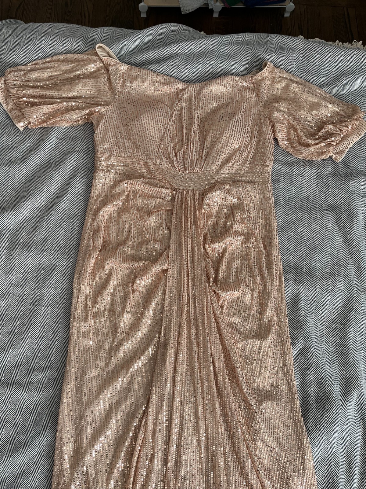 New Rose Gold Sequin Gown V-Neck Flutter Sleeve Plus Size Formal Prom Maxi Dress