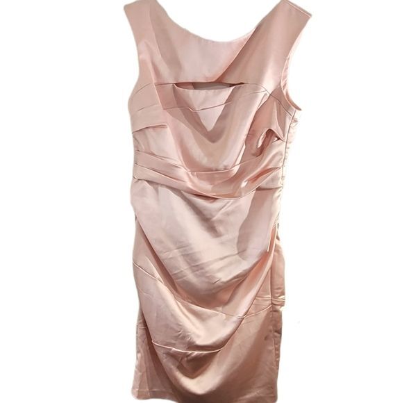 David’s Bridal Short Sleeve Petal Stretch Satin Knee Length Dress Sizes 12 & 14