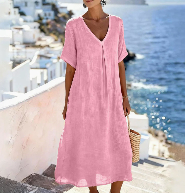 Ladies Solid V Neck Short Sleeve Cotton Linen Long Dress Loose Fit Casual Dress