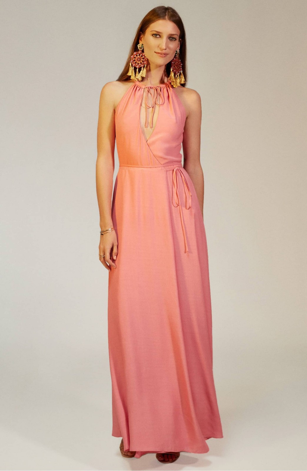 PRIVACY PLEASE Pink True Wrap Halter Tie Neck Hi-Slit Maxi Dress S 4/6 Nordstrom