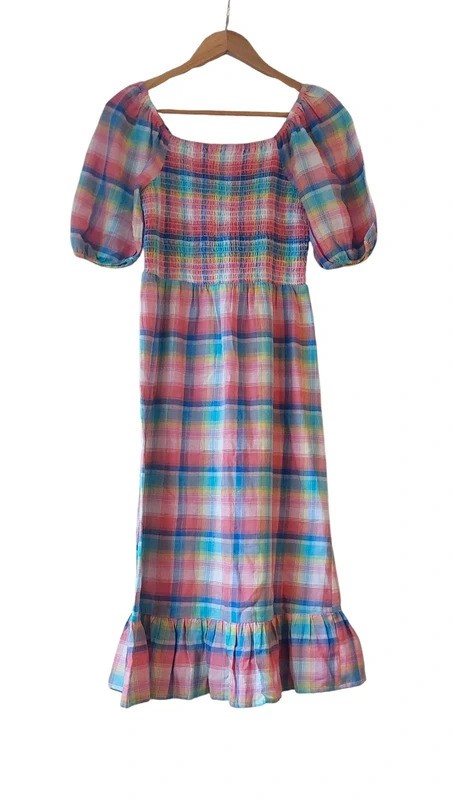 Roman multicolour candy rainbow check print midi dress with puff sleeves | Sz 10