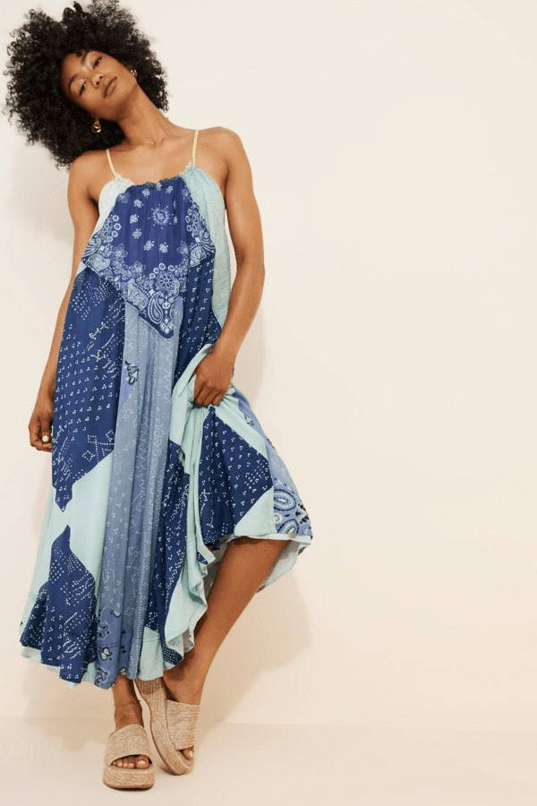 NWT Free People Womens Patchwork Halter Happy Days Maxi Dress Indigo Combo M/L