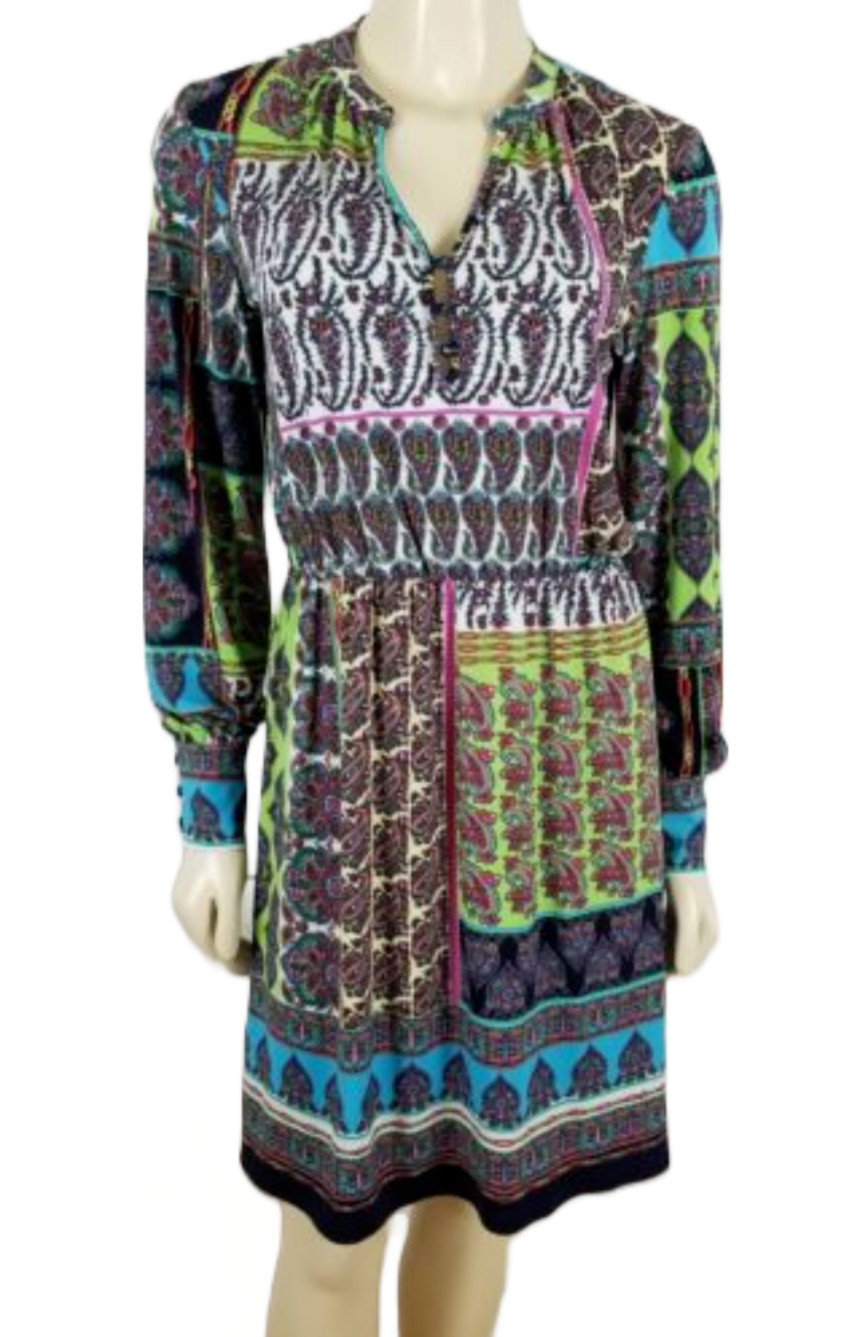 LIZ CLAIBORNE long sleeved multi-colored Blouson polyester dress size Small