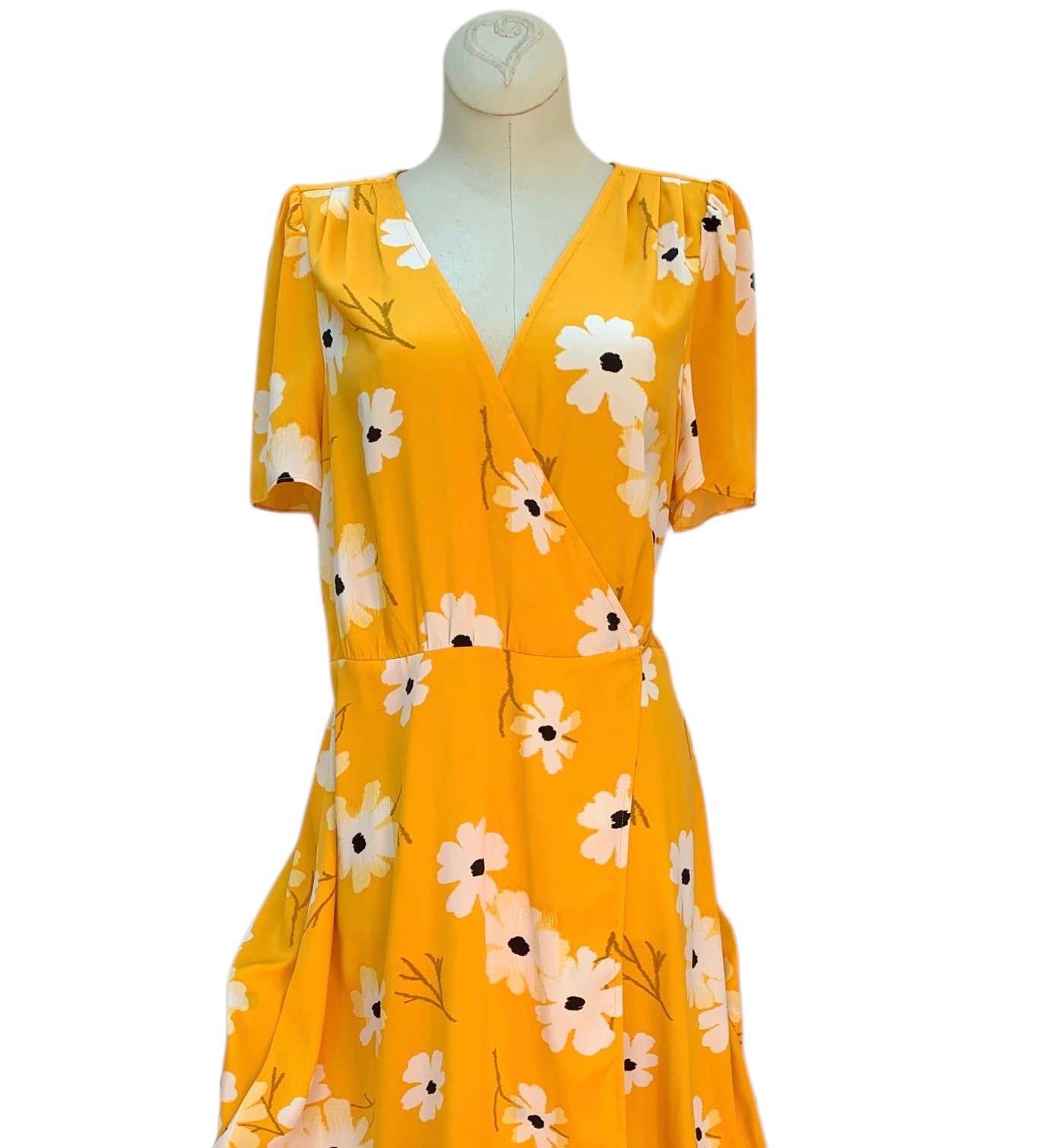 MADEWELL Puff Sleeve Wrap Dress Ikat Floral Midi Boho SZ LARGE Yellow