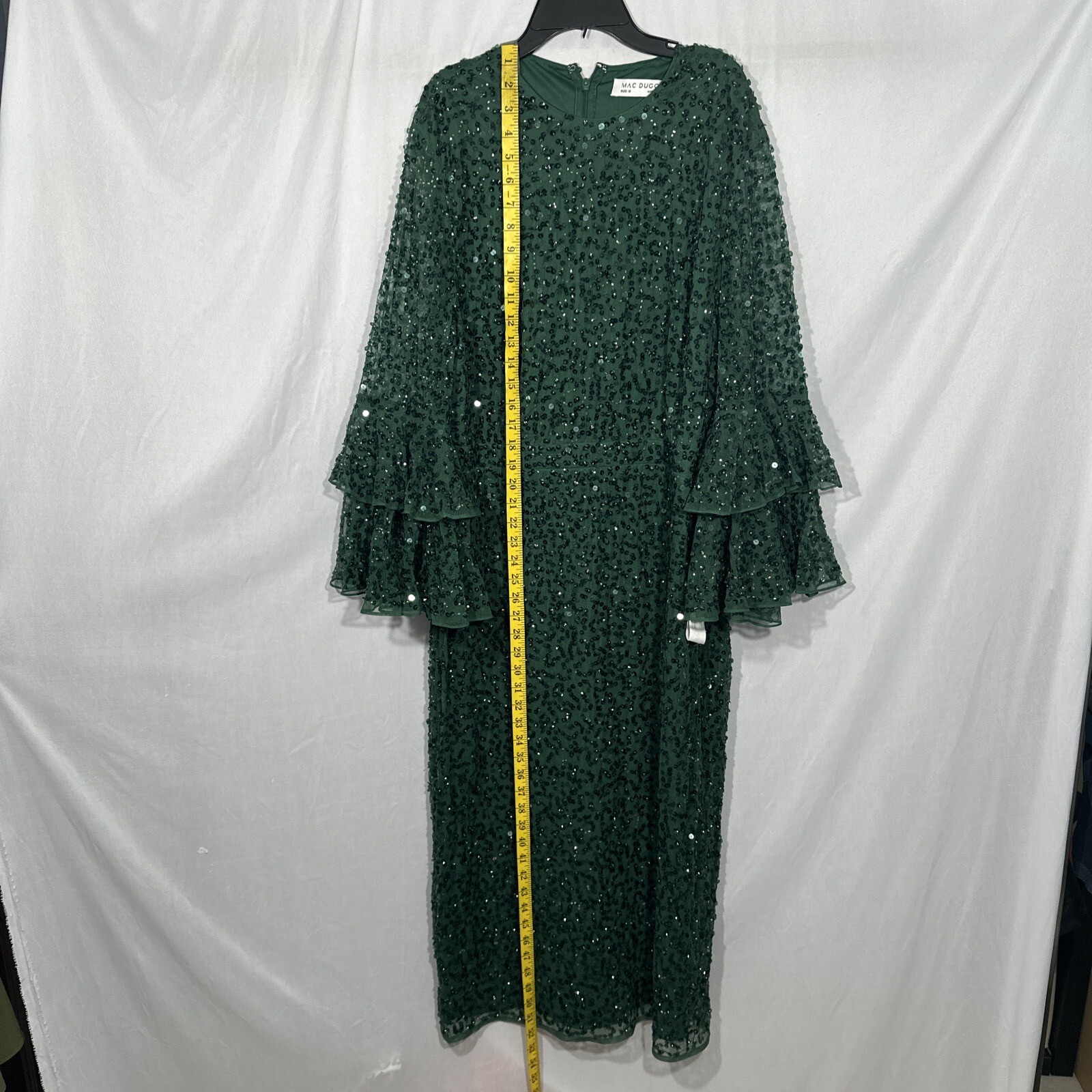 NWT $458 Mac Duggal [ 18 ] Sequined Ruffle Tiered Midi Dress Emerald #G1281