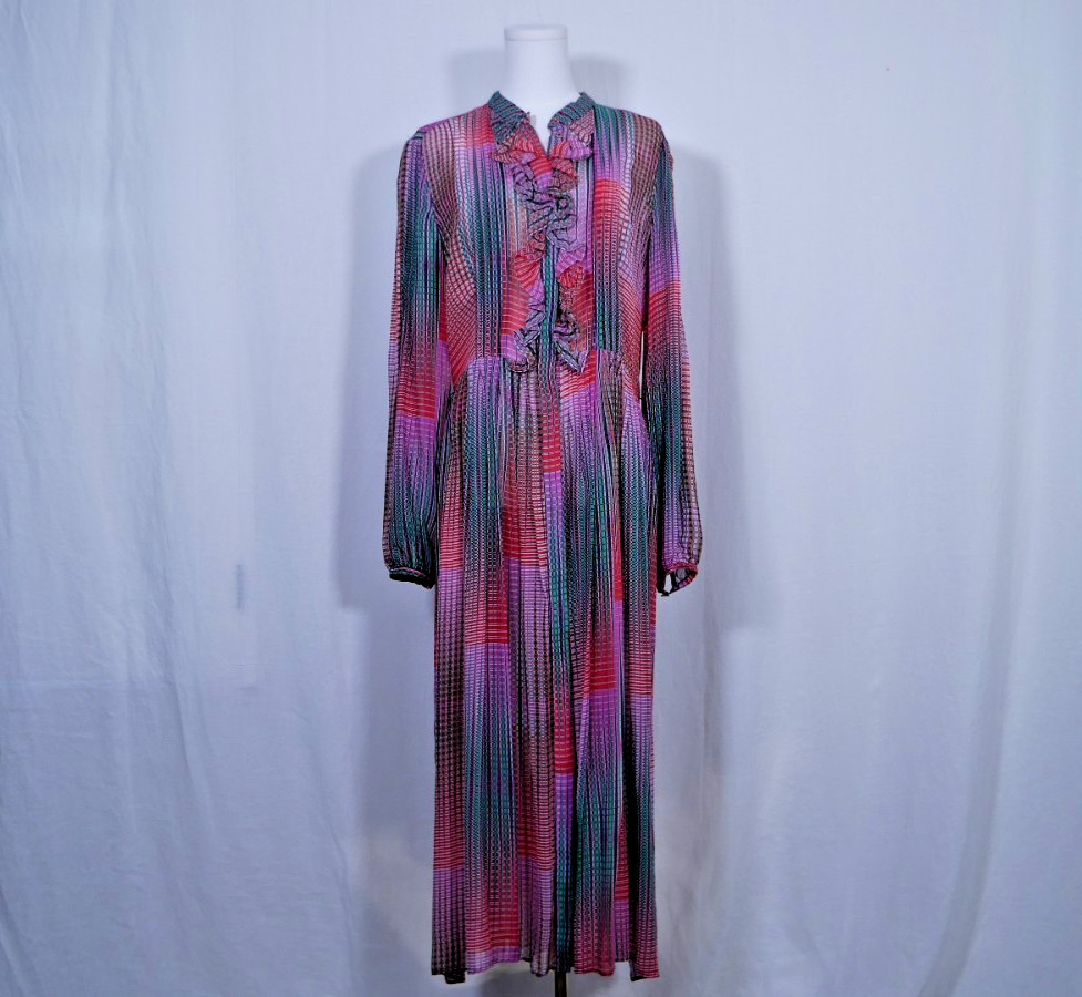 Saloni Raquel Ruffle Multi-Colored Printed Silk-Chiffon Dress Women’s Size 8