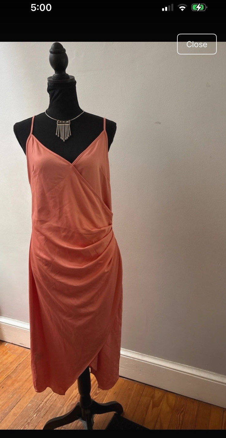 BCBGeneration Peach Satin V-Neck Ruched Wrap Midi Slip Dress Sleeveless M