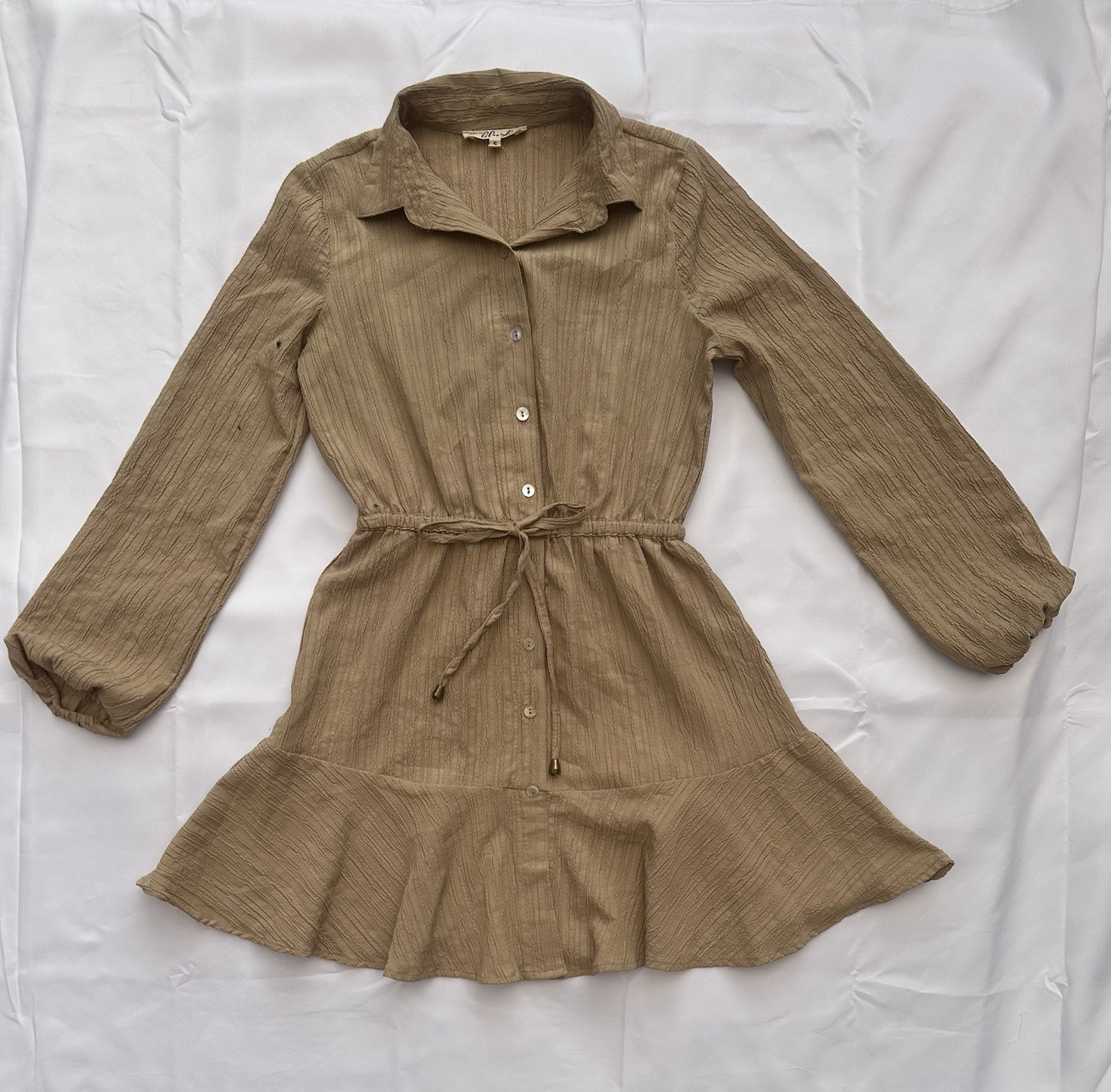 Nine of Blush Women’s Taupe Solid Long Sleeve Collared Button Shirt Mini Dress S