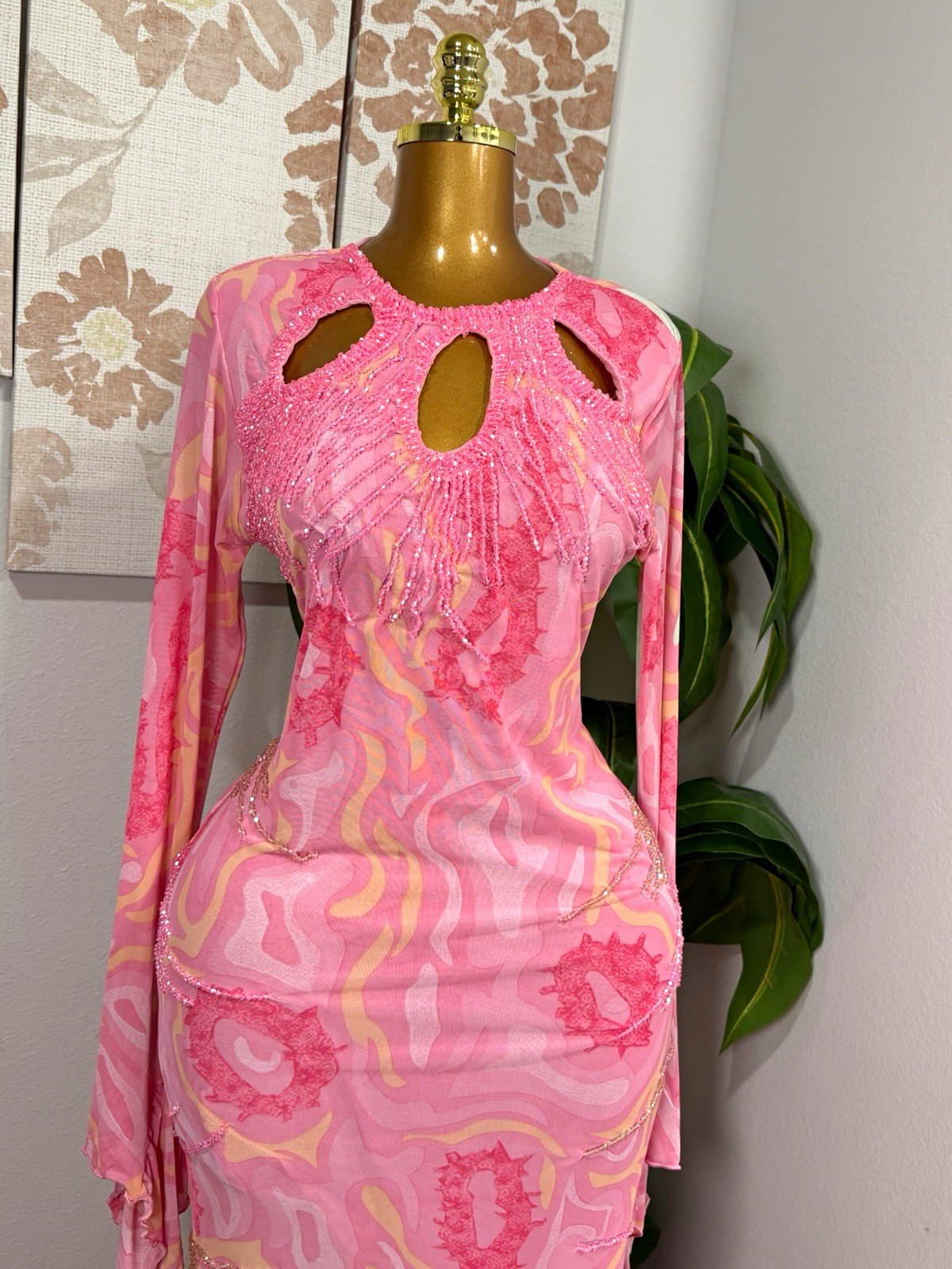 Women’s Pink Abstract Mesh Beaded Cutout Maxi Bodycon Dress L Long Sleeve