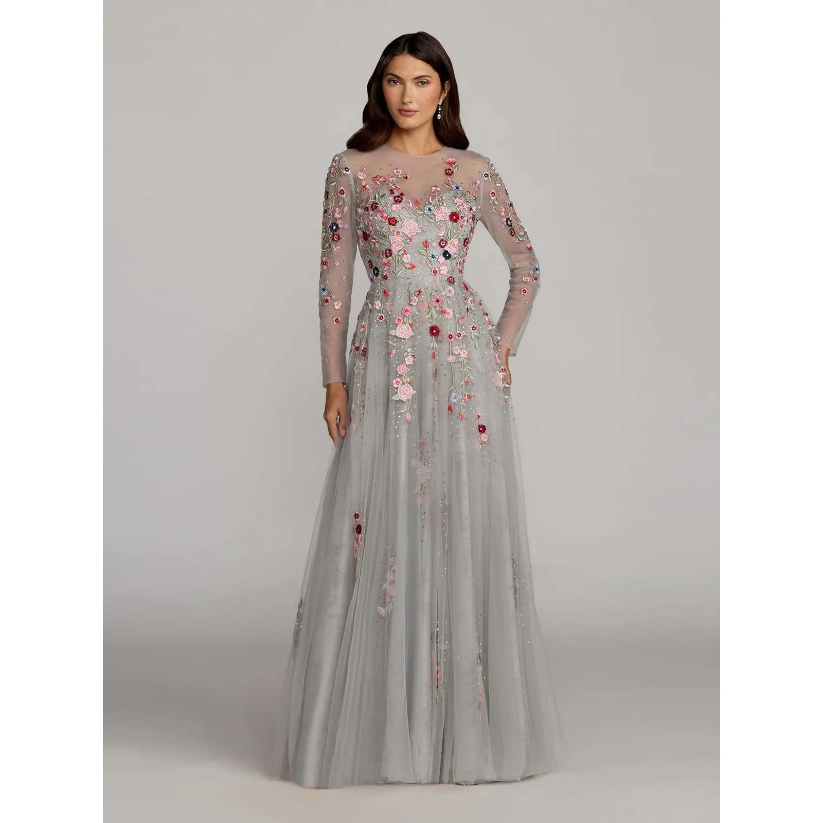 Mac Duggal Gray Embroidered Illusion High Neck Long Sleeve A Line Gown Size 6
