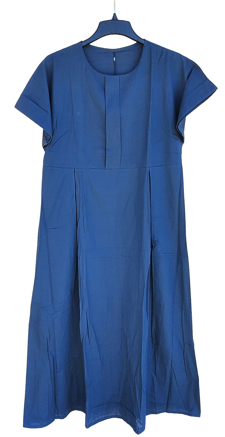 Women’s Linen-Like Round Collar Short Sleeve Maxi Dress Dk Blue XL