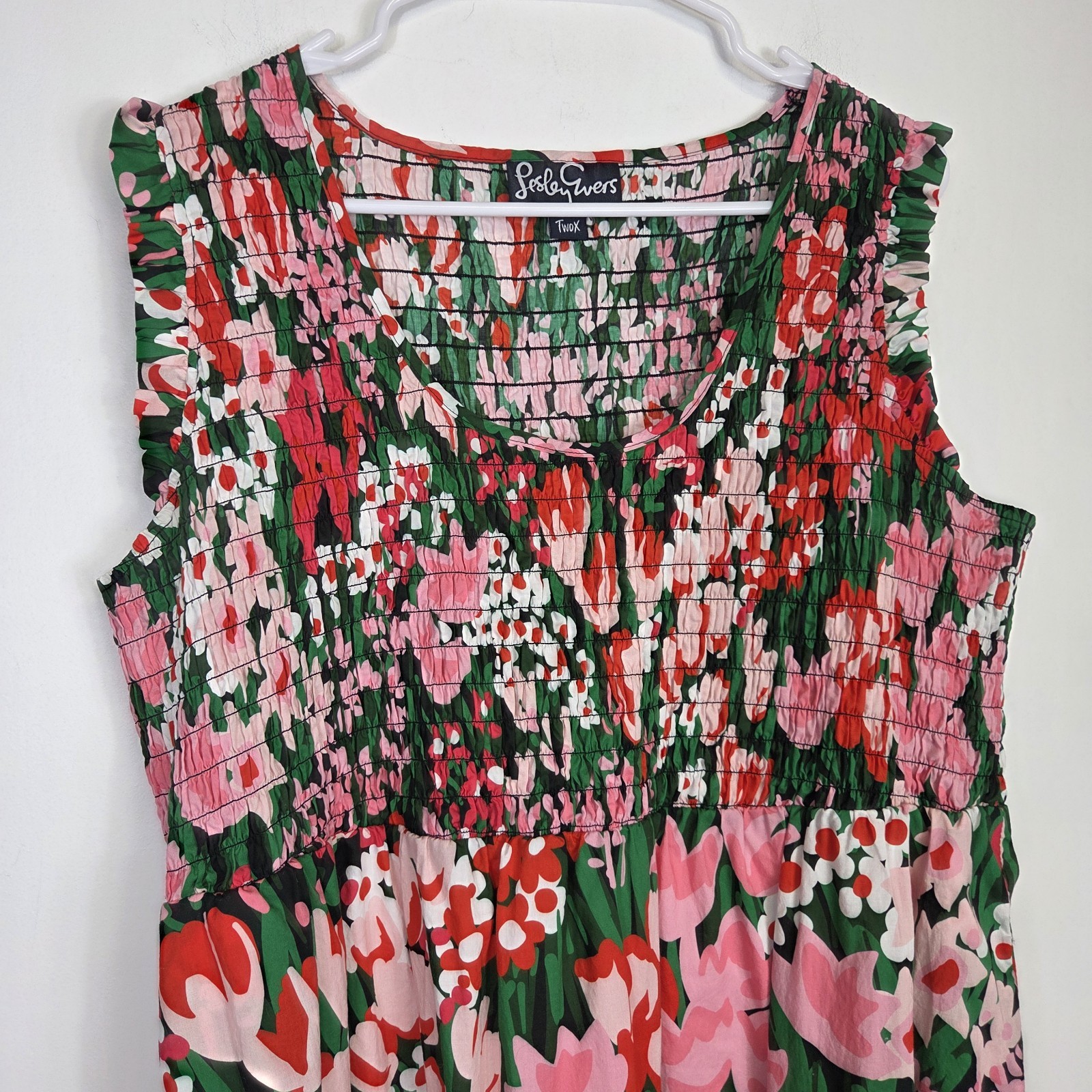 Lesley Evers Smocked Sleeveless Nadia Floral Midi Dress Womens 2X