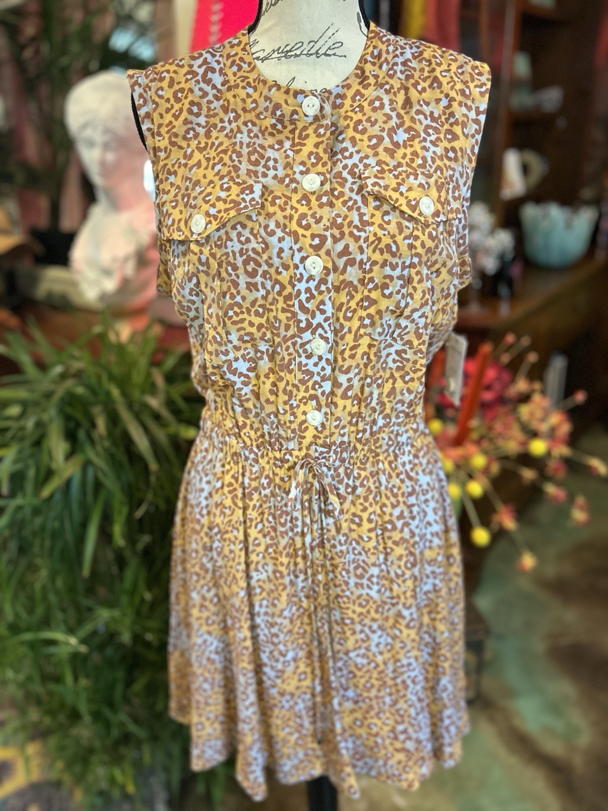 NWT Nine West Leopard Print Sleeveless Dress Button Drawstring Waist Size L