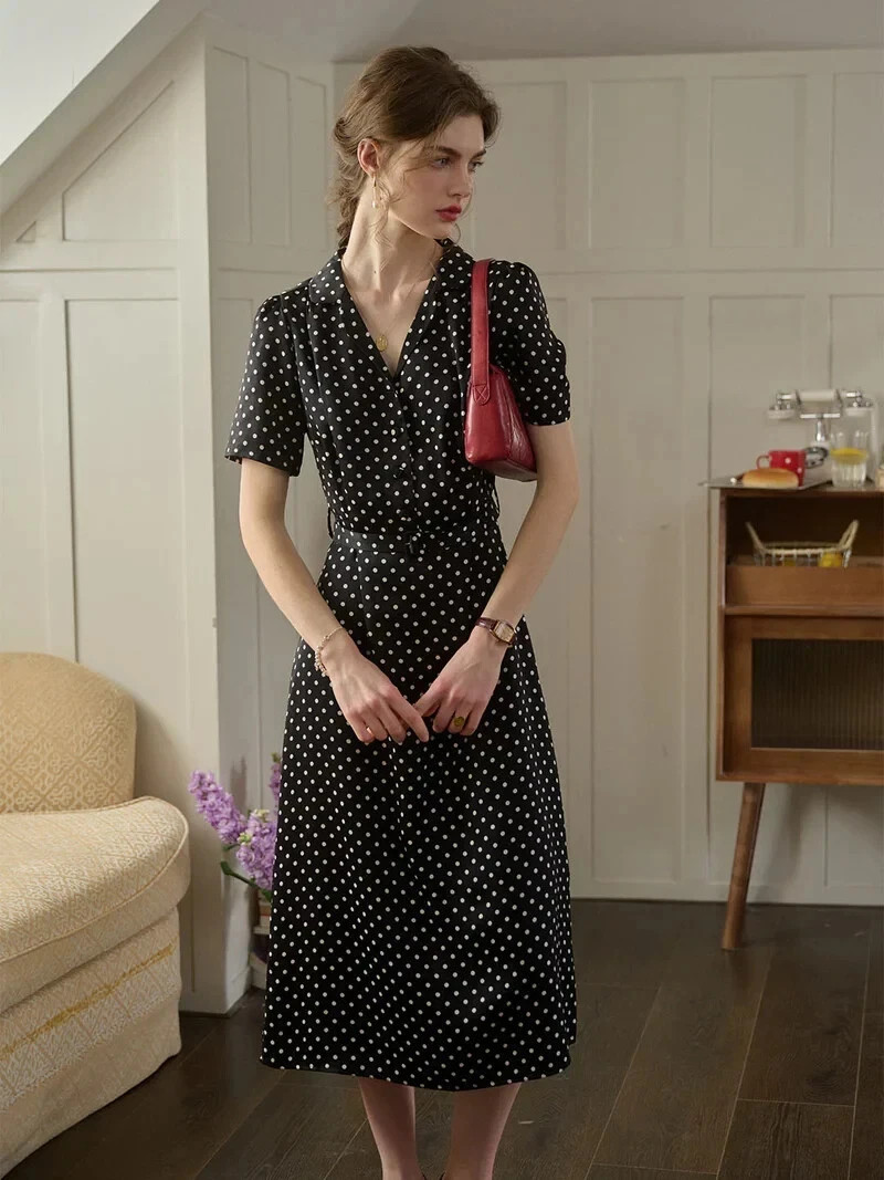 Kim French Retro Polka Dot V-Neck Dress Size S