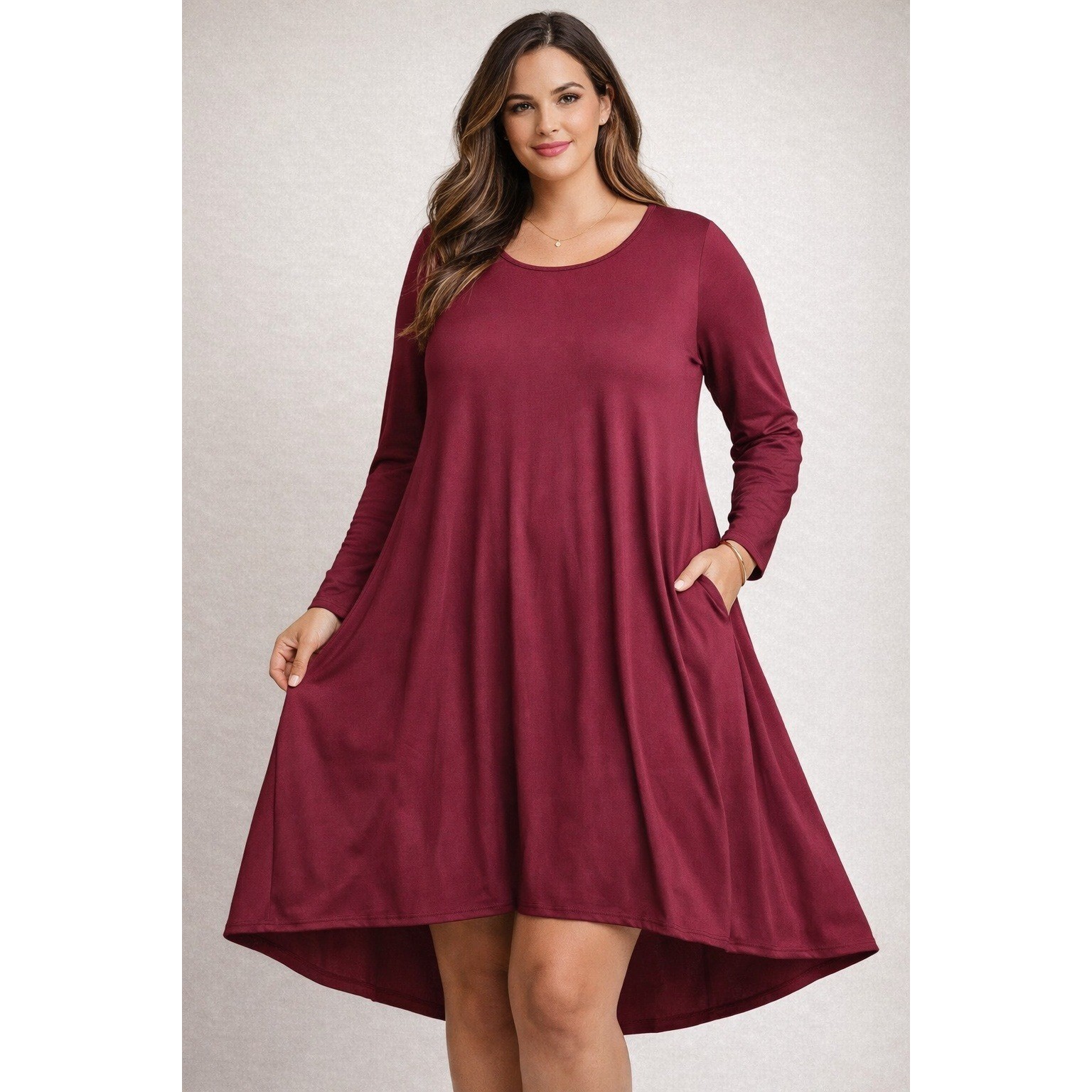 Womens Burgundy Swing Dress XL Long Sleeve A-Line Flowy Tunic NWT Soft Casual