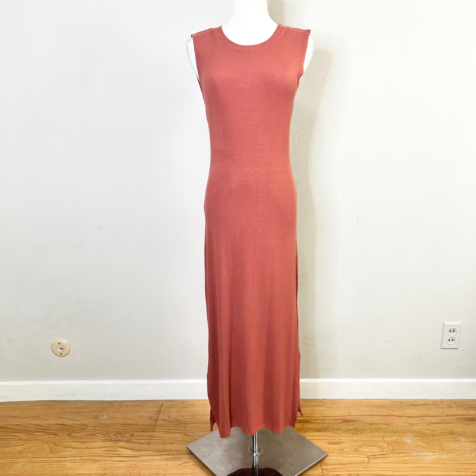 WeWoreWhat Rib Midi Dress Clay Rust Orange Rayon Slit Sleeveless Medium NWT