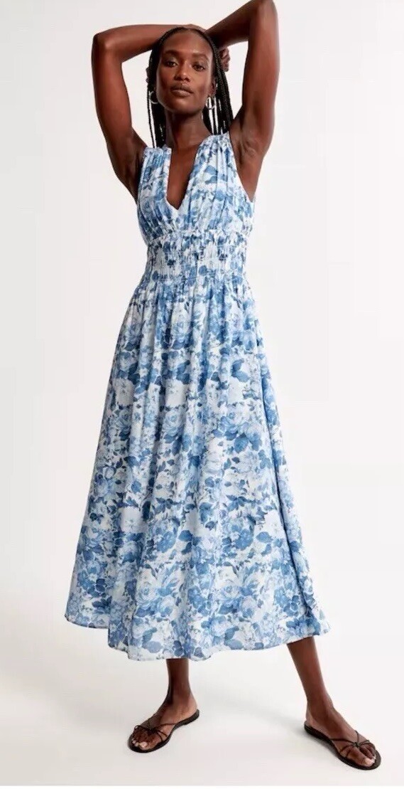 Abercrombie & Fitch Blue Floral Crinkle Maxi Dress NWT Small Petite 159-591-4465