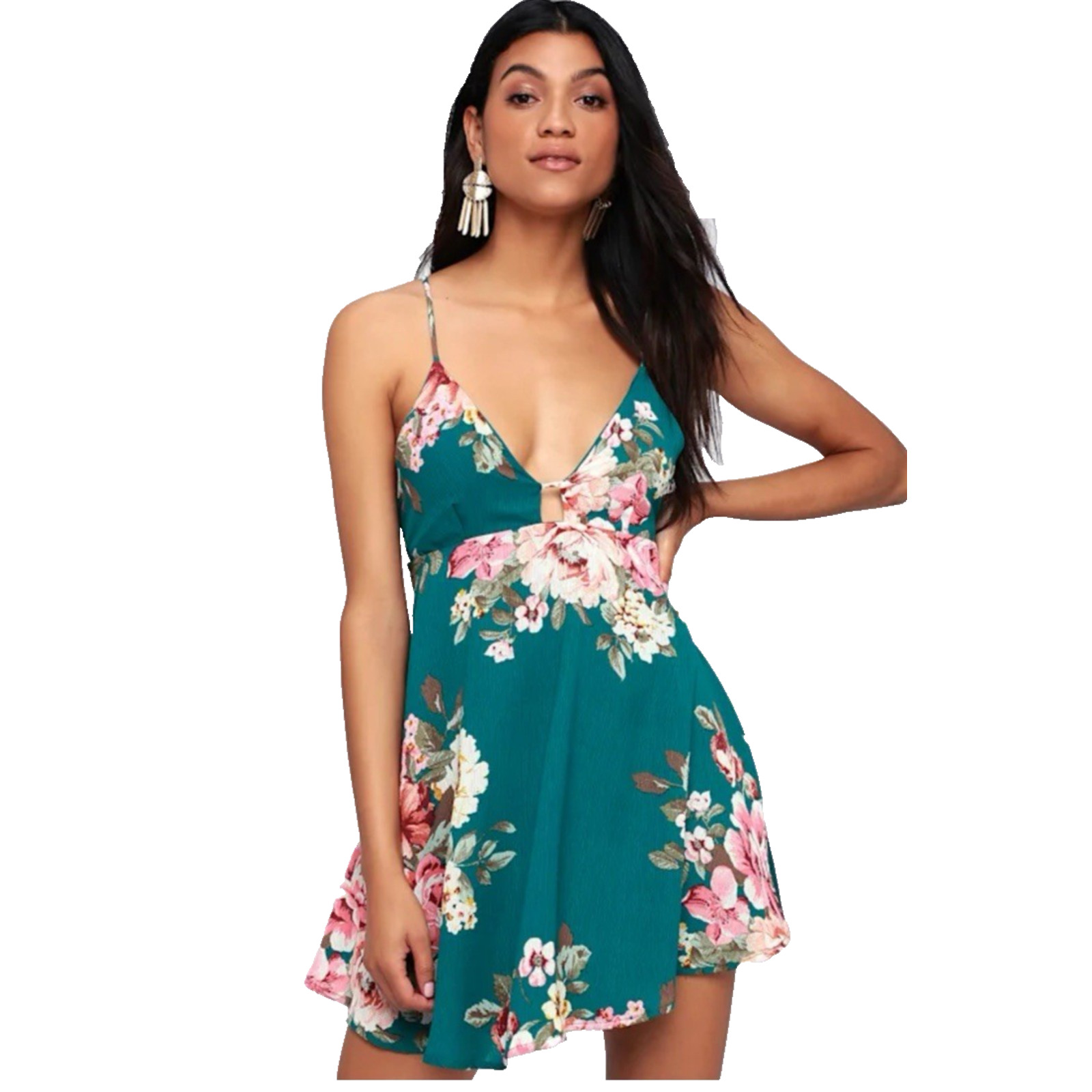 Lulus Lily Pond Teal Green Floral Print Swing Dress Woman Size Small Mini Summer