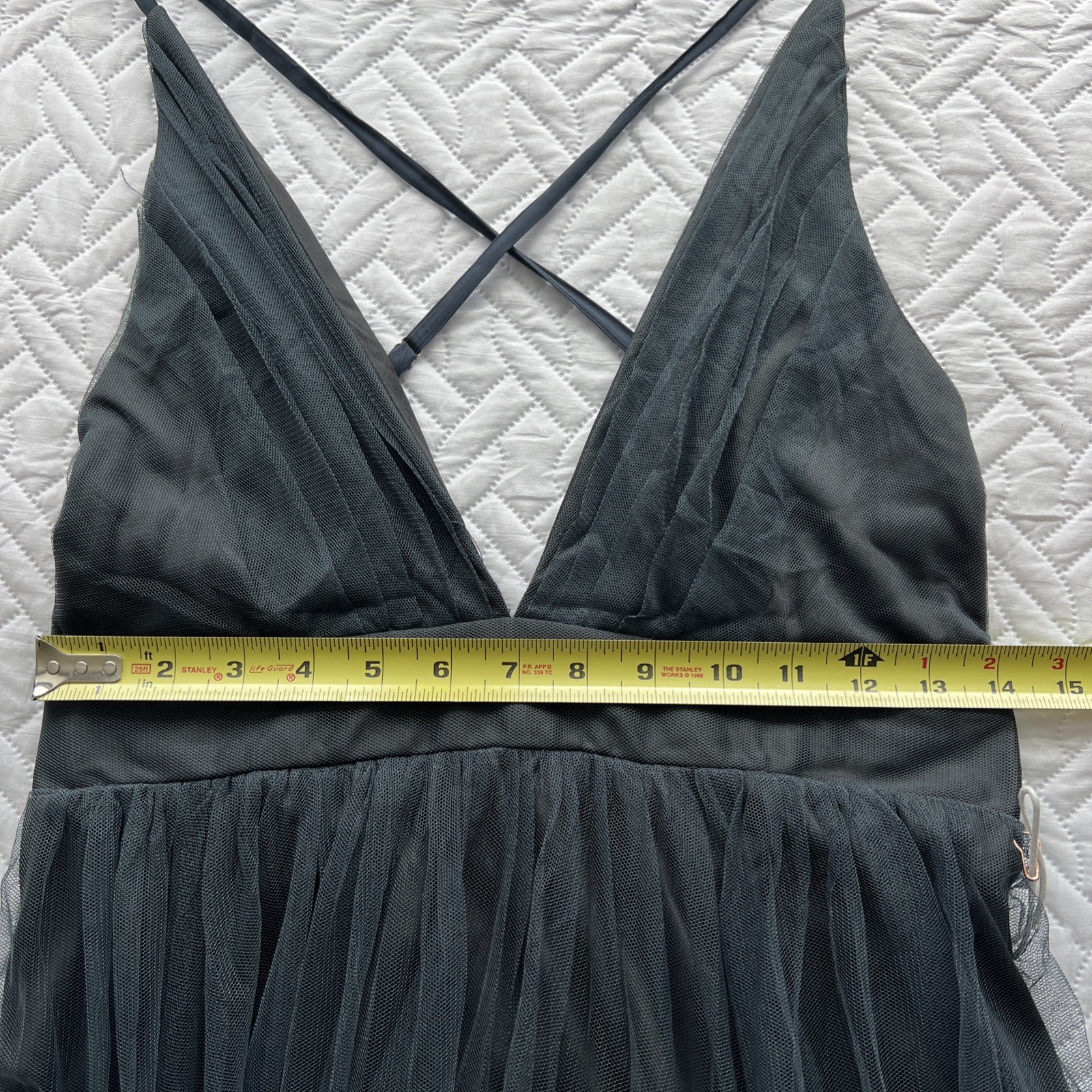 Luxxel Halter Strap Formal Gown Steel Blue Long Tulle Dress Ladies, size L NEW
