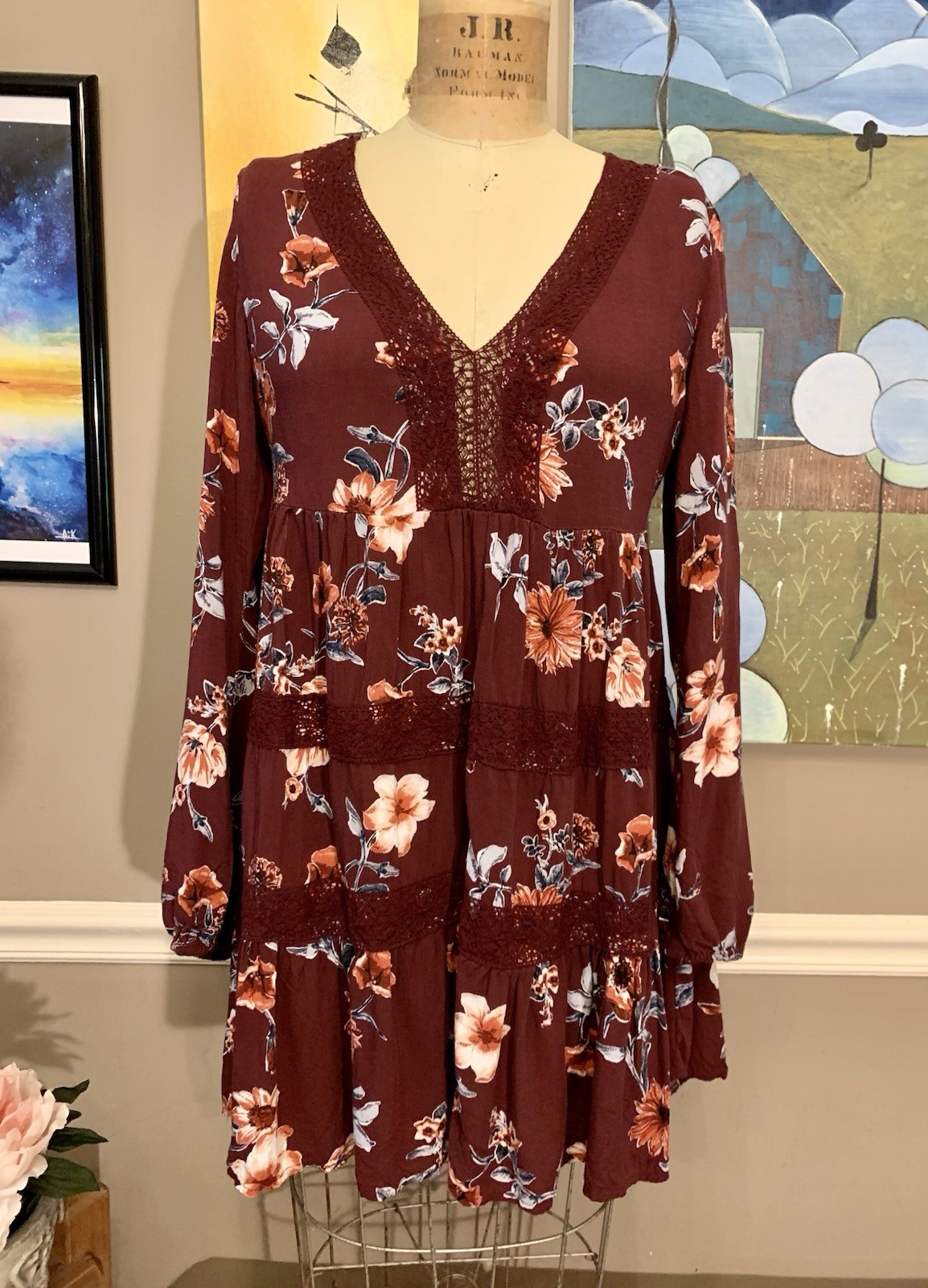 Xhilaration Burgundy Floral Tiered V-Neck Mini Dress X Small