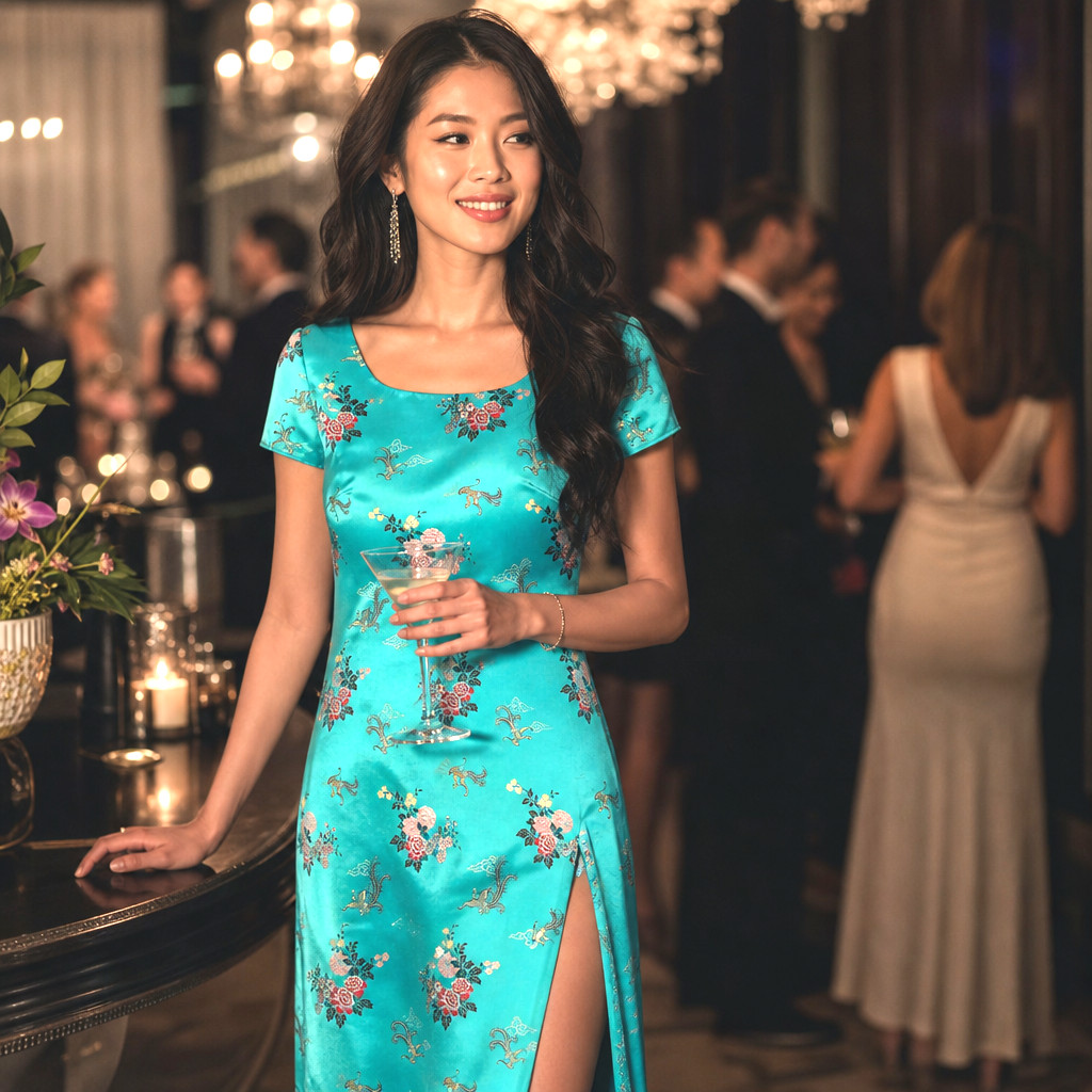 Handmade Asian Inspired Satin Maxi Dress Size S/M Aqua Blue Floral Dragon Print