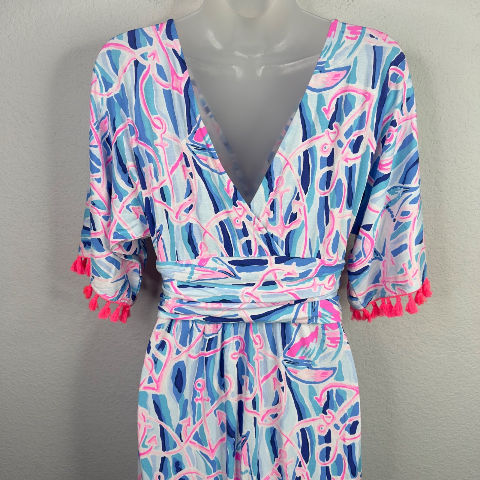 Lilly Pulitzer Parigi Maxi Dress Womens S Blue Pink Reel Nautical Tassel Coastal