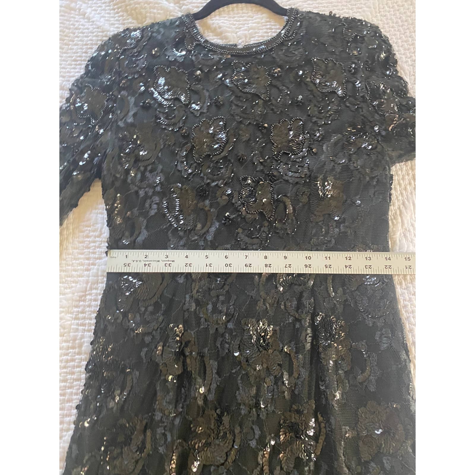 VINTAGE JUDITH ANN DRESS M BLACK SEQUIN BEADED TIERED RUFFLE SHEER MESH LACE