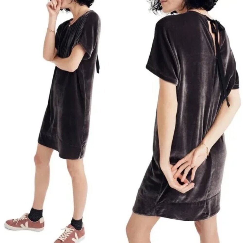 Madewell Velvet Bow Back Shift Dress Silk Blend Short Sleeve Grey Brown Medium