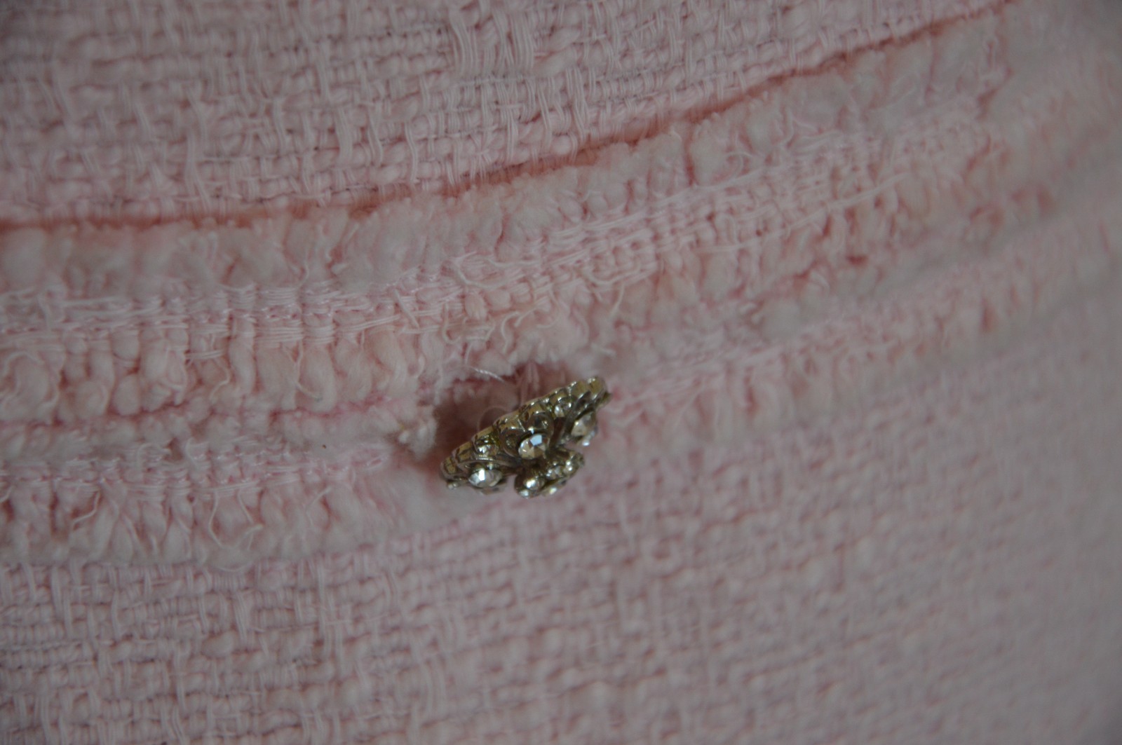 ZARA Pink Fitted Frayed Trims Tweed Boucle Gem Stone Button Mini Dress LARGE L