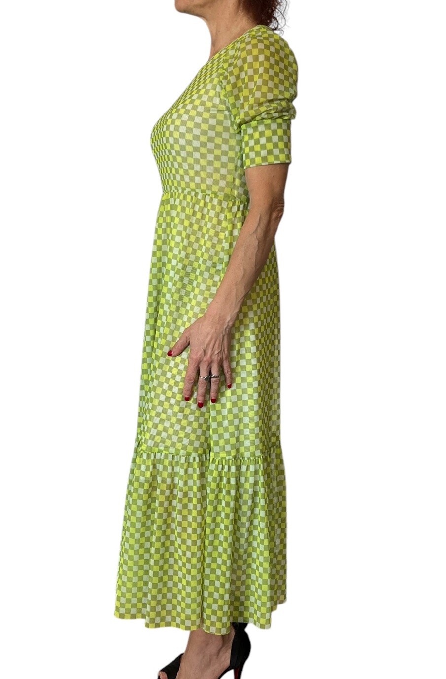 BAUM UND PFERDGARTEN Jocelyn Puff Sleeve Midi Tiered Mesh Green Check Sulphur XS