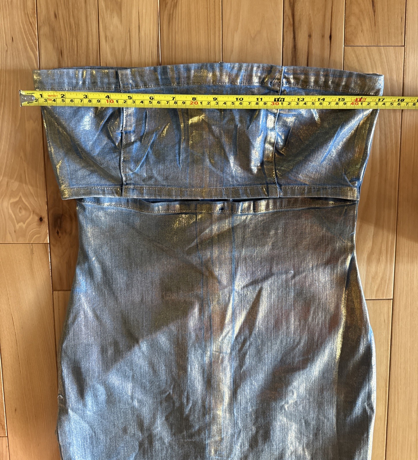 AKIRA Label Im Gold Denim Coated Midi Dress Back Zip Women’s Size L Multi