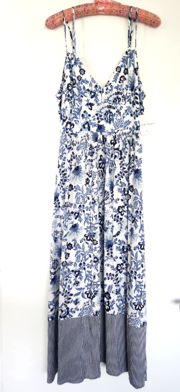 ✨NEW! Modern ELLEN TRACY Blue Cottage Floral Farm Long Maxi Dress Rio Gypsy $149
