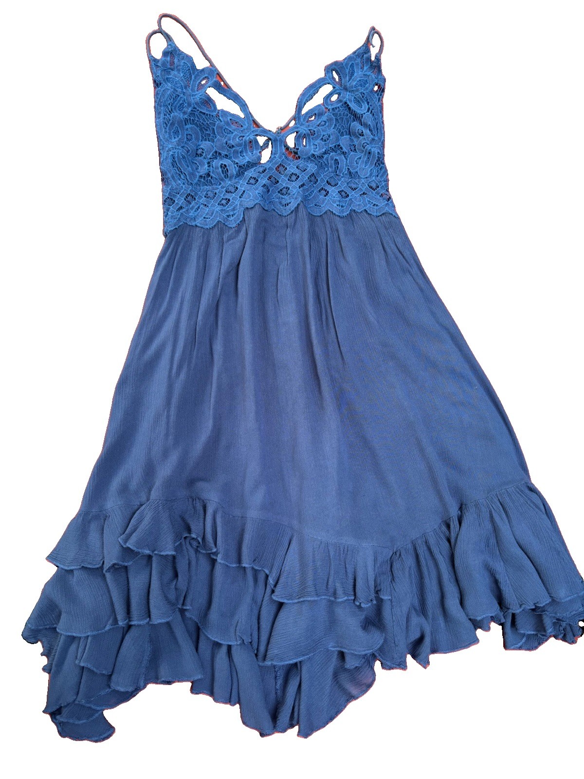 Free People FP One Blue Adella Lace Slip Dress Boho Deep V Sleeveless Size M