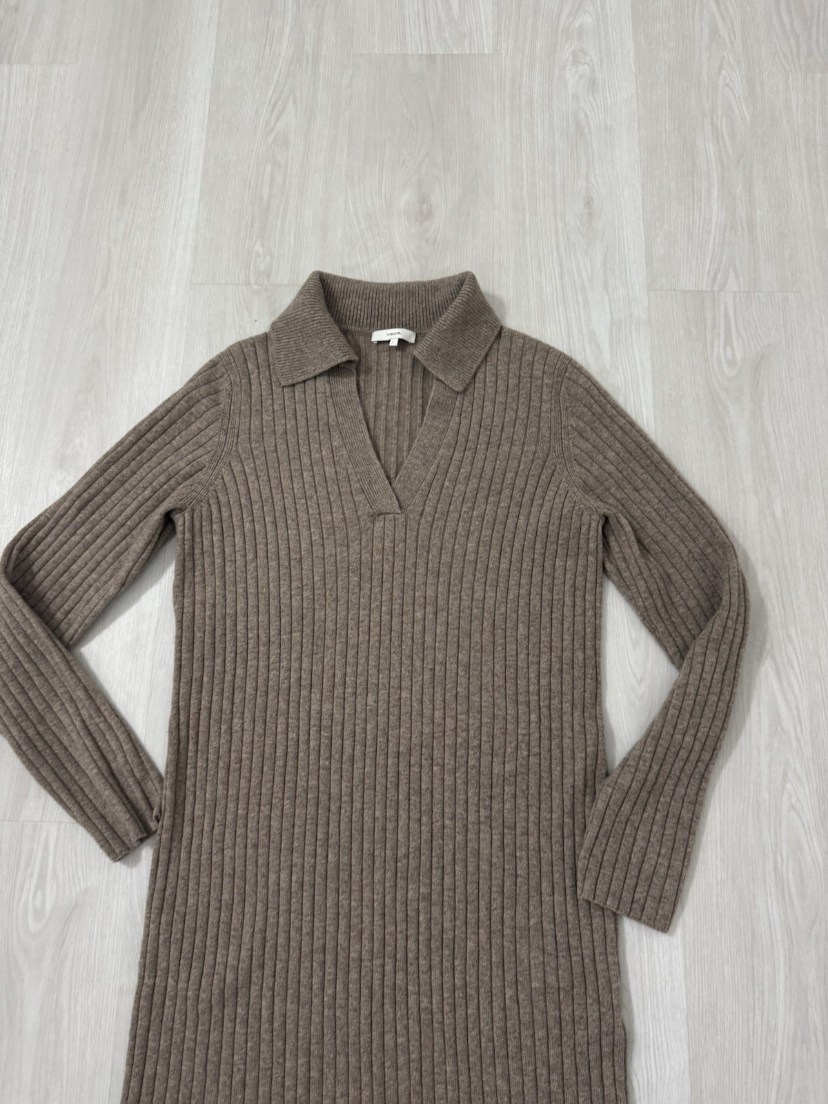 Vince Cashmere Wool Collared Ribbed Sweater Dress Polo Knit Brown Mocha Tan L